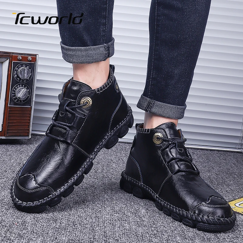 Зимняя обувь; мужские ботинки из натуральной кожи; chaussure homme; водонепроницаемые ботильоны; высокие мужские ботинки; повседневная обувь