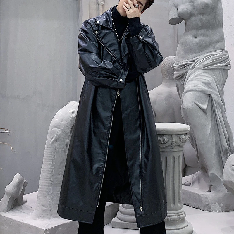

Hop Street Hip Punk Gothic Cool Leather Coat Overcoat Men Loose Long Leather Trench Motorcycle Jacket Windbreaker Outerwear Male