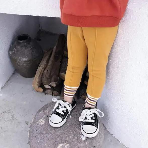 Autumn Winter Baby Girls Sandy Color Thicken Thread Patchwork Skinny Pants Kids All-match Fashion Leggings Render Pants - Цвет: Yellow