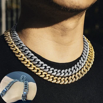 

Iced Out Paved Zircon 13MM Full Curb Cuban Link Chain Rhinestone CZ Necklace Bracelet Rapper Mens Womens Hip-Hop Choker Jewelry