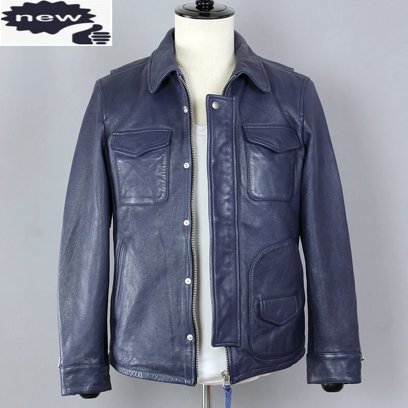 

2021 Fashion Genuine Leather Jacket Men Blue Sheepskin Multi-pocket Motorcycle Biker Clothing Lapel Slim Short M65 Winter Coat
