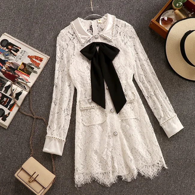 

Lace Patchwork Bowknot Hollow Out Single Breasted Beading Turn-down Collar Slim Dress Women Elegant New Autumn Winter Dress