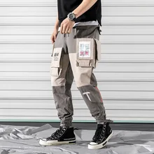Pockets Cargo Pants Men Letter Embroidery Hip Hop Harem Joggers Color Patchwork Track Trousers Man Skateboard Streetwear