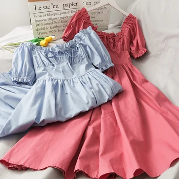 

High Waist A Line Long Dress Women 2020 Summer Slash Neck Puff Sleeve Bow Streetwear French Style 6 Colors Maxi Dresses Female