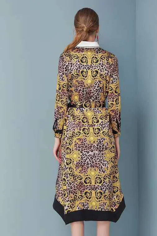 Spring and summer new classic leopard print dress, loose version design, big shots, full of aura, belts, beads