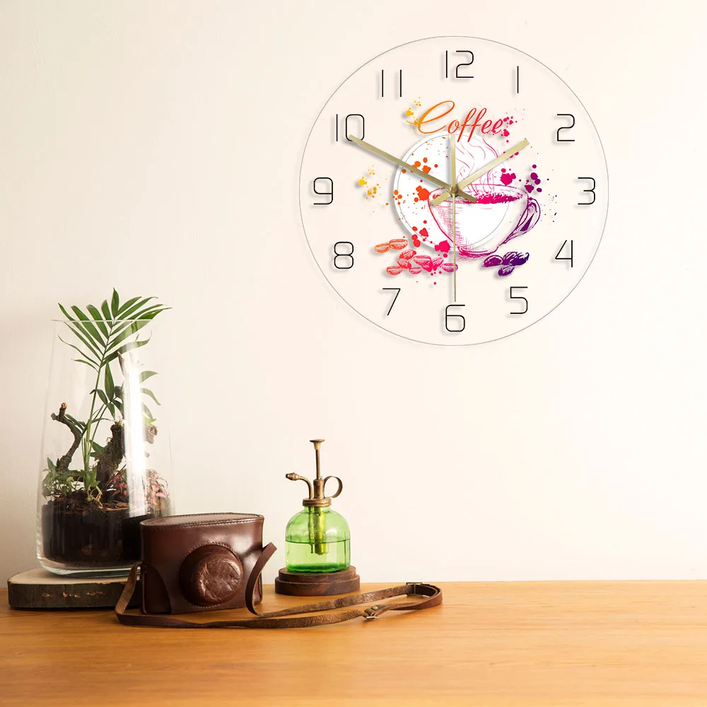 Coffee Theme Modern Acrylic Wall Clock Coffee House Cafe Bar Decorative Wall Sign Painted Coffee Beans And Cup Design Wall Watch