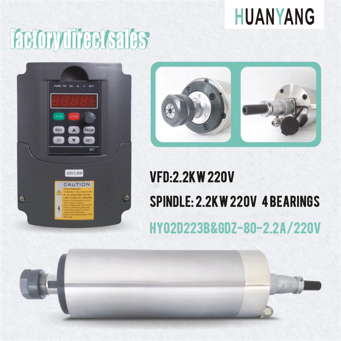 Huan Yang 2.2KW ER20 Water Cooled Spindle Motor+HY 2.2KW Drive Inverter VFD 