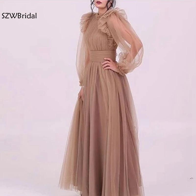 Новое поступление вечерние платья цвета шампанского из тюля с длинным рукавом