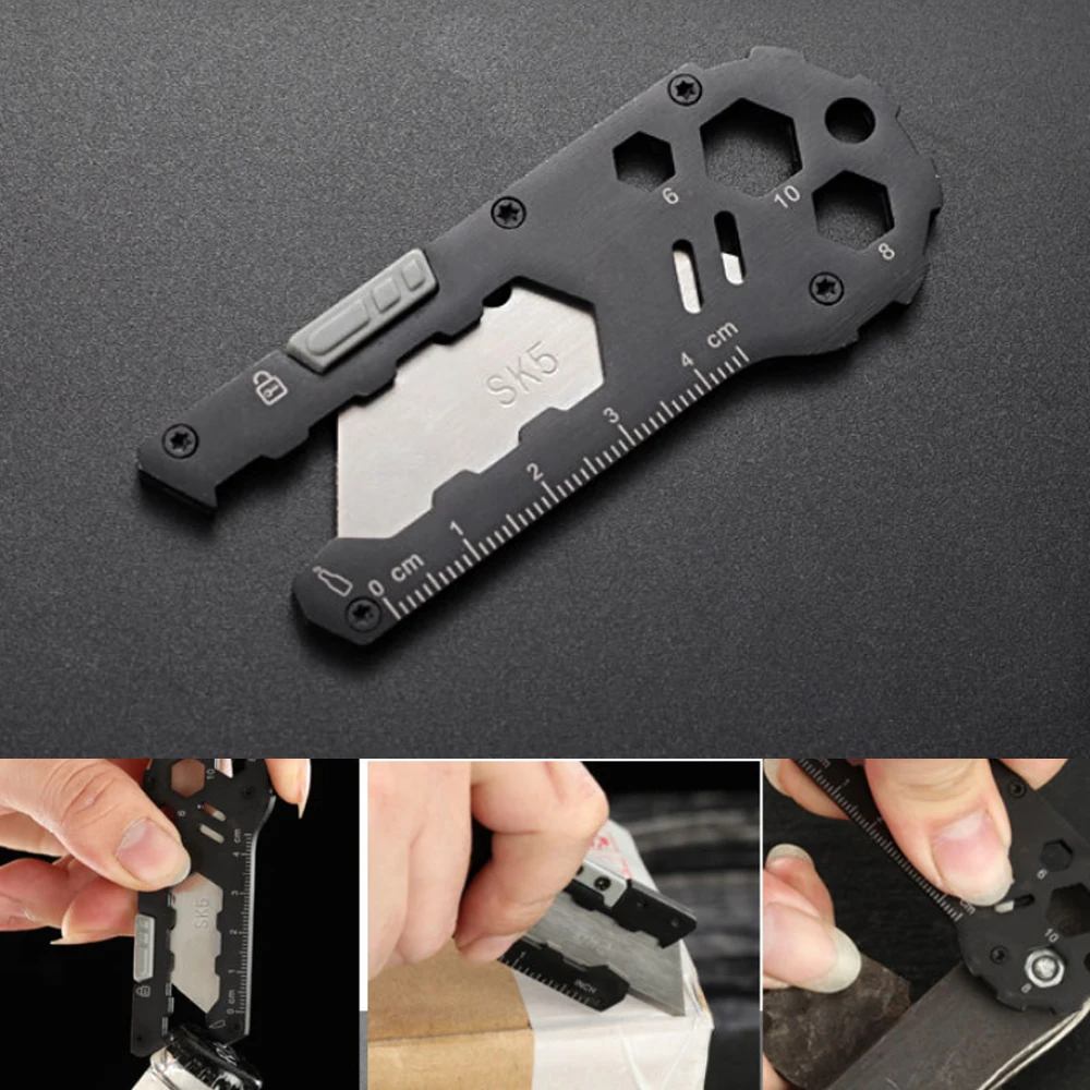 Multifunction Climbing EDC Keychain Box Cutter Outdoor Tools Camping Hiking Stainless Steel Fold Knife Hex Wrench