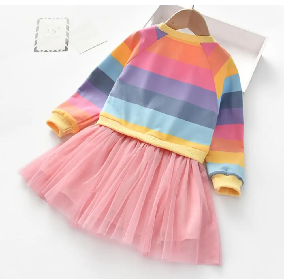 Baby Girls Dress Princess Autumn Sweater Fleece Gauze Tutu Dresses Children Clothing Long Sleeve Rainbow Stripes Dress For Girls girls dress maxi dress princess costume kids clothes