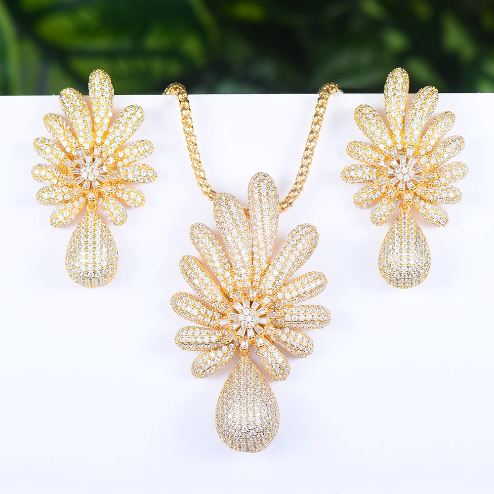 Missvikki Роскошные Дубай Свадебные 2 шт. большие серьги с цветочным кулоном Ожерелье комплект ювелирных изделий супер CZ Новый дизайн аксессуар... Missvikki Роскошные Дубай Свадебные 2 шт. большие серьги с цветочным кулоном Ожерелье комплект ювелирных изделий супер CZ Новый дизайн аксессуар...