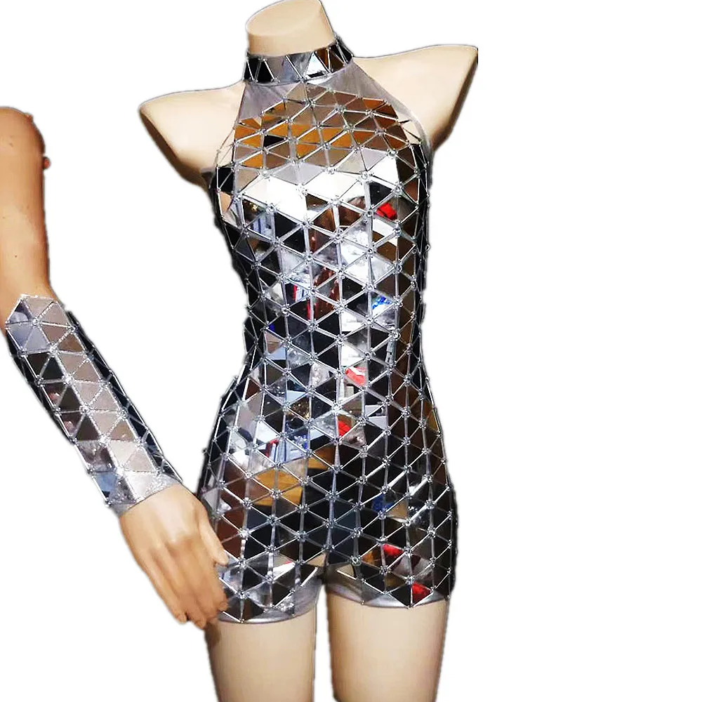 

Shining Sequined Sparkly Silver Mirror Reflective Women Jumpsuit Sleeveless Tight Stretch Playsuit Nightclub Costume Stage Wear