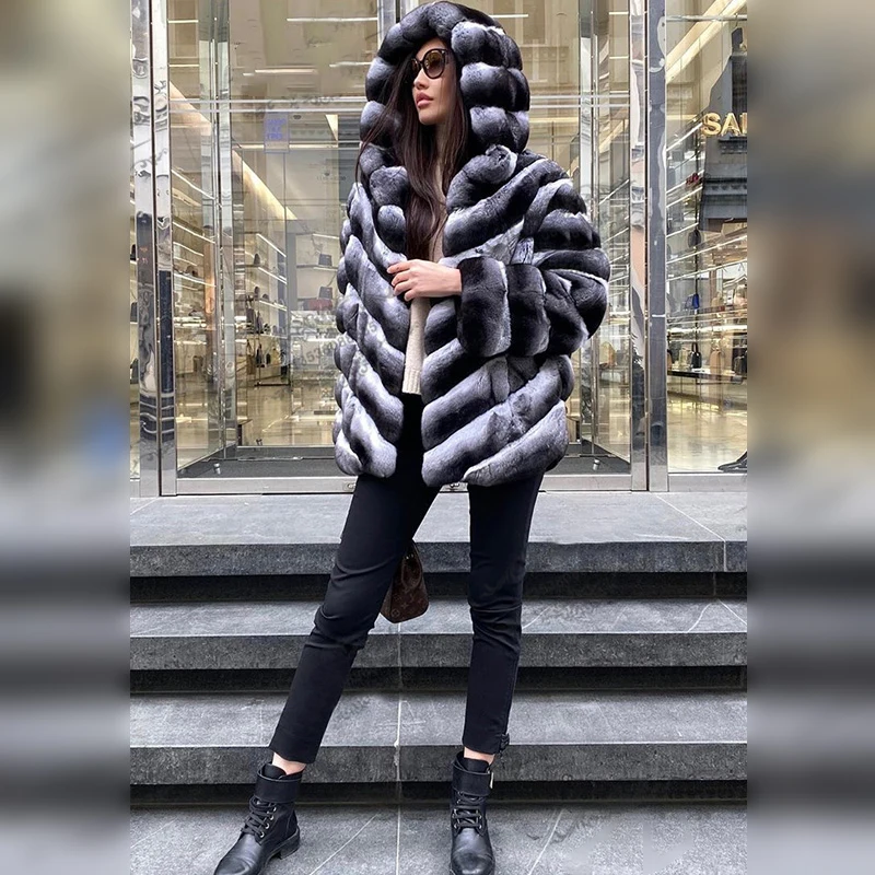 Fashion Women Rex Rabbit Fur Jacket with Hood High Street Medium Length Women Full Pelt Genuine Rex Rabbit Fur Coats Outwear