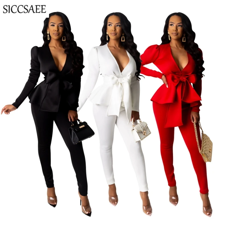 

Ribbons Lace Up Bow Front Pullover Ruffles V Neck Long Pants Office Lady Two Piece Set Work Wear Elegant Peplum Outfits Sexy