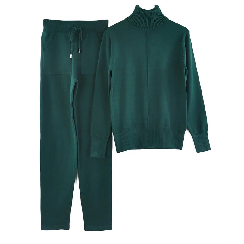 Женский утепленный костюм-двойка MVGIRLRU, вязаный костюм с пуловером/свитером с линией посредине и высоким воротником и с брюками, костюмы для бега на весну - Цвет: Green