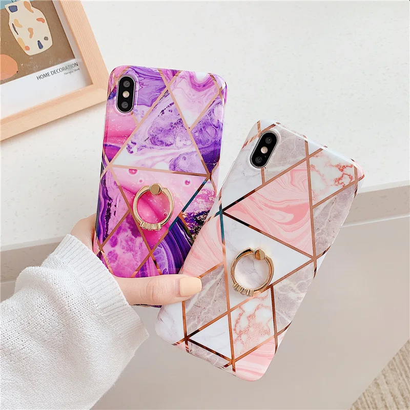 

Pink purple color electroplated marble cases for iPhone XS MAX XR X case for iphone 7 8 6 6s Plus finger ring silicone cover tpu