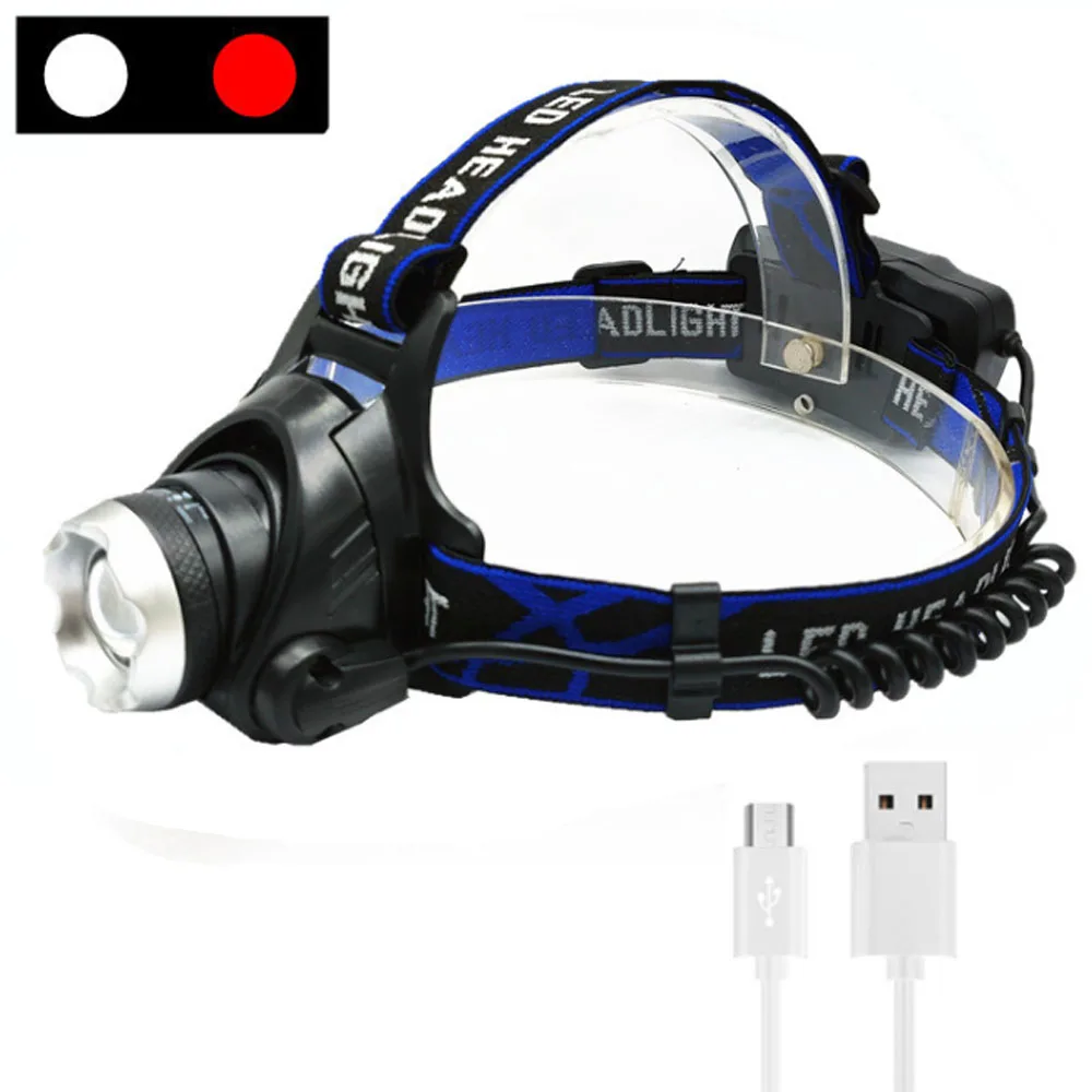 

Pro Red White LED Hunting Headlamp Zoom In Out Head Torch Light 18650 USB Rechargeable Searchlight Lantern Red Warning Light