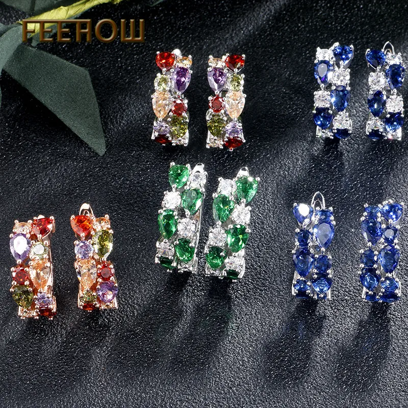 Женские серьги пусеты FEEHOW разноцветные модные с кристаллами Mona Lisa AAA FWEP094|fashion stud