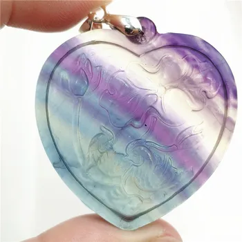 

Natural Colorful Fluorite Quartz Pendant 40x37x9mm Women Men Love Heart Flower Carved Fluorite Necklace Jewelry Fashion AAAAA