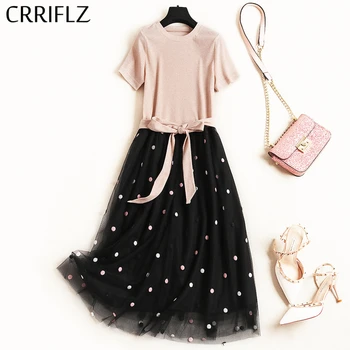 

Dot Embroidery Mesh Dress Women O Neck Knitted T Shirt Bandage Patchwork Mesh Dress New Casual Women Summer Dress CRRIFLZ