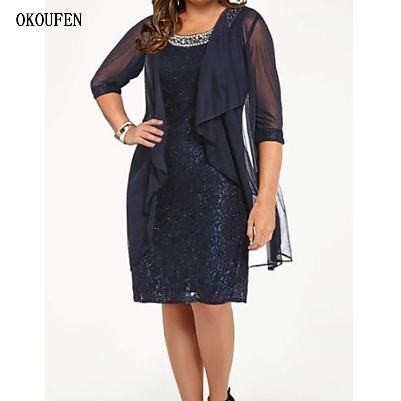 

2019 Mother of the Bride Dresses with Jacket Navy Blue Knee Length Women Lace Chiffon Wedding Party Gowns Kurti madrinha farsali