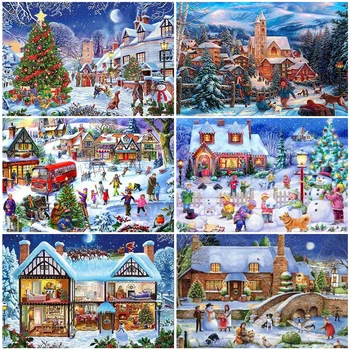 

AZQSD Unframe DIY Oil Painting By Numbers Winter Landscape Christmas Home Decor Coloring By Numbers Snow House Unique Gift