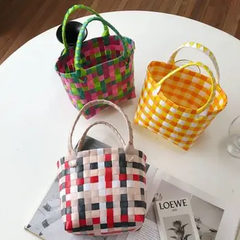 

Colorful Choices Small Square Bag with Woven Vegetable Basket Handmade Plastic Woven Bag Beach Vacation Daily Out of The Street