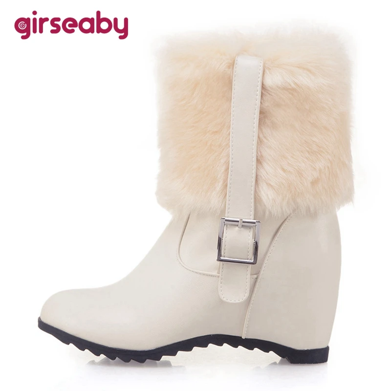 

Girseaby Winter Fur Midcalf Boots Waterproof 7cm Hidden Wedge Heel Woman 2022 7cm Chunky Square Heels Small Big 33-43 S2419