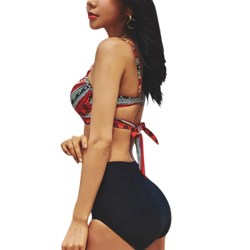 

Women Gathered High Waist Ethnic Style Print Simple Lace-Up Openwork Halter Cross Strap Sexy Split Bikini Set QW85