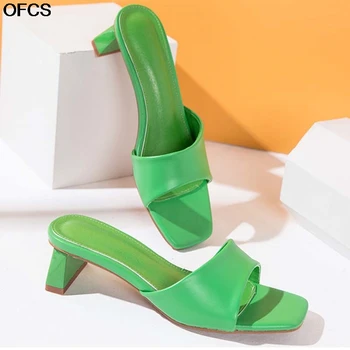

Summer Women Slippers Slides Low heels Beach Sandal Open Toe Female Leisure Green White Flip Flops Square Toe Women Shoes 42