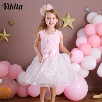 

VIKITA Girls Embroidery Dress Kids Sleeveless Lace Drsses for Girl Star Printed Birthday Party Tutu Dresses Children Casual Wear