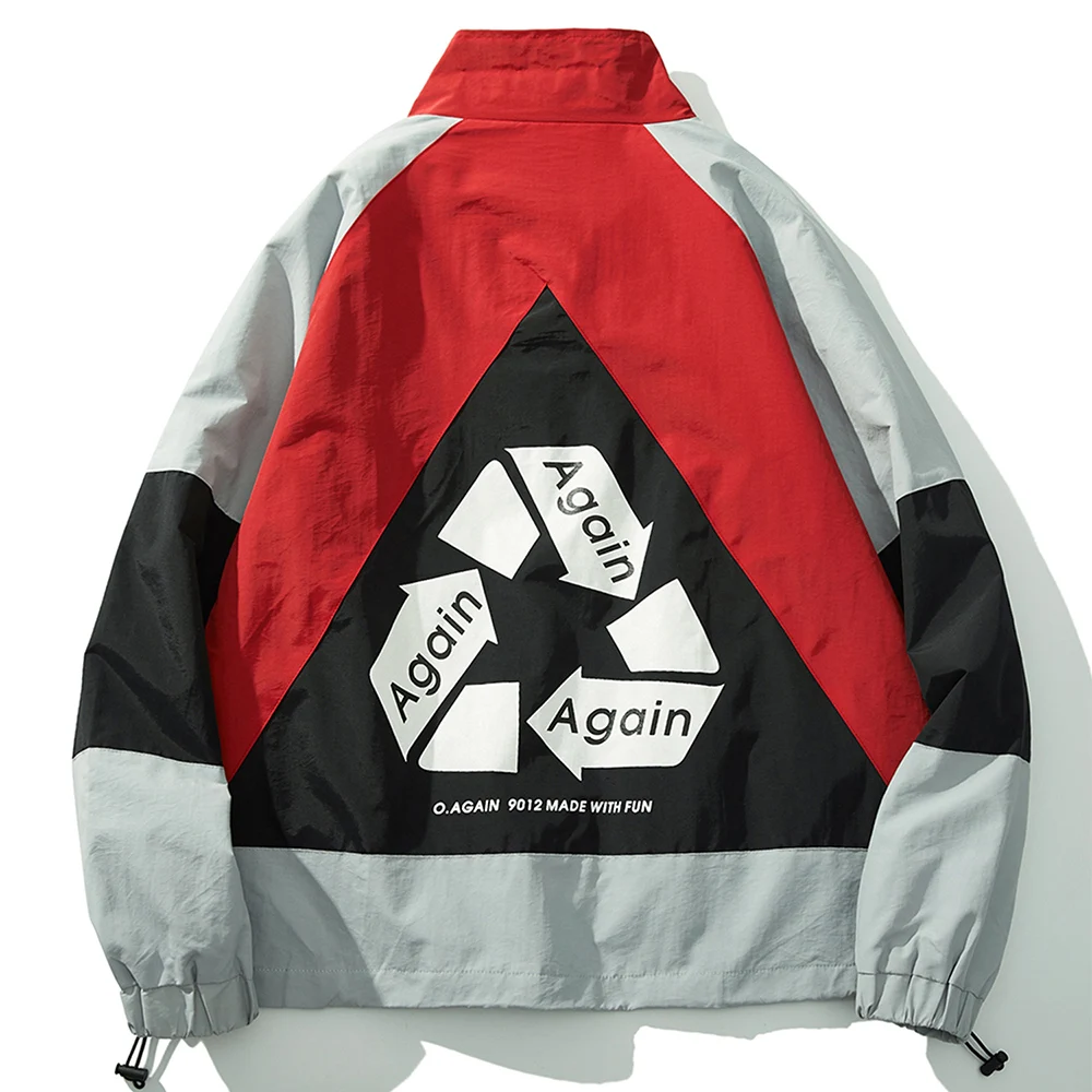 

LACIBLE Spring Autnmn Patchwork Cycle Printed Cargo Zipper Jackets Coats Casual Streetwear Track Jacket Wind Breaker Jacket Men