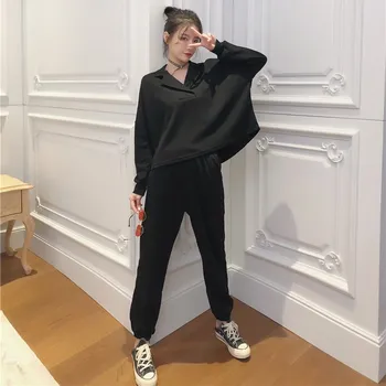 

2019 Women Solid Loose Pockets 2 Piece Set Turn-Down Collar Long Sleeve Plus Size Sweatshirts And Pants