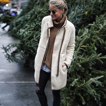 

Woolen Blend Women Long Sleeve Stitching Autumn Winter Long Coat Turtleneck Zipper Warm Plush Outwear Streetwear Feminino