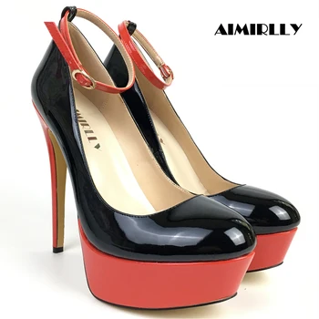 

Womens Shoes High Heels Pumps Round Toe Platform Ladies Clubwear Party Shoes Patent Leather Red Black Ankle Strap Aimirlly