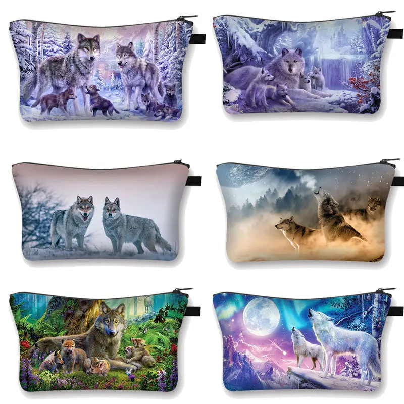 Bolsa de cosméticos para dibujo de lobo salvaje, bolsos de maquillaje para mujeres, bolsas cosméticas portátiles con cremallera