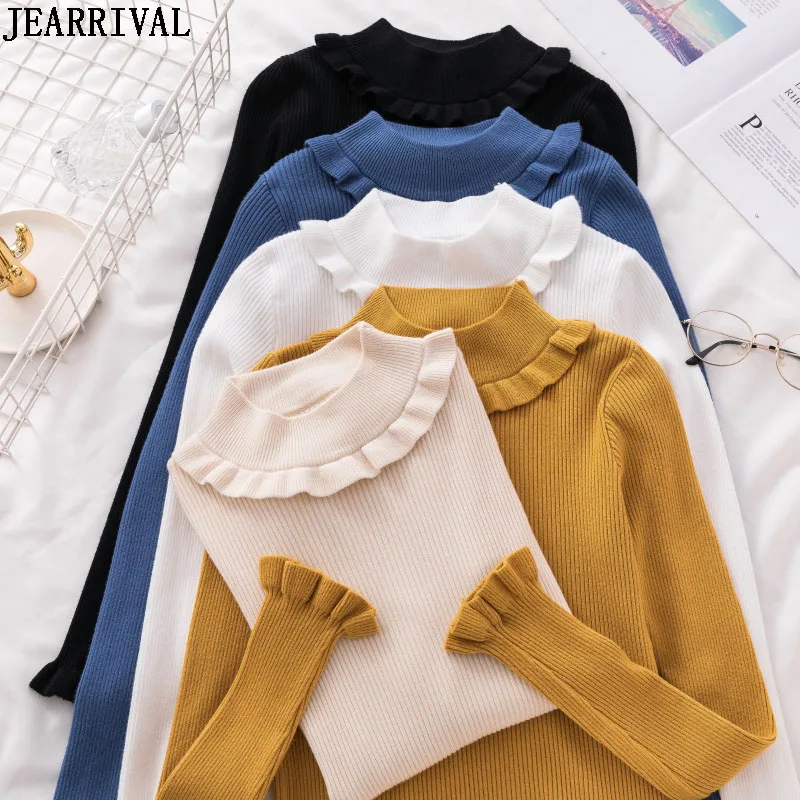 

Ruffles Sweaters And Pullovers Women Autumn Winter Slim Knit Tops Long Sleeve O-Neck Warm Casual Knitted Sweater Jumpers 2019