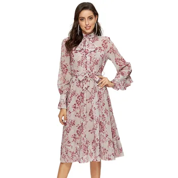

Women Dress Vintage 2020 Luxury Ruffle Bow Tie Floral Print Long Sleeve Vestido Casual Loose Pleated Ladies Party Female Dress