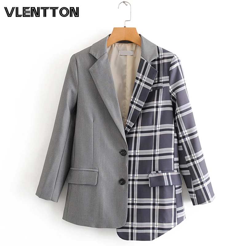 

2020 Spring Autumn Vintage Plaid Blazers And Jackets Women Asymmetry Splice Button Suit Coat Female Outwear Office Blazer Mujer