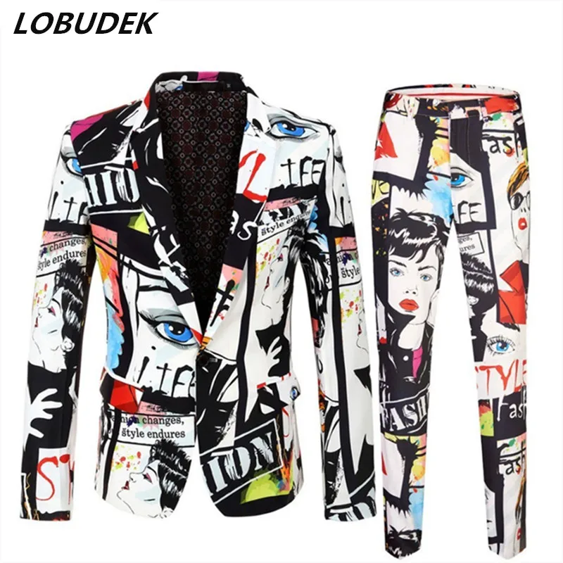 England Style Male Singer Suit Fashion Hip Hop Printing Blazer Pants Set Evening Performance Host Star Stage Suits Plus Size