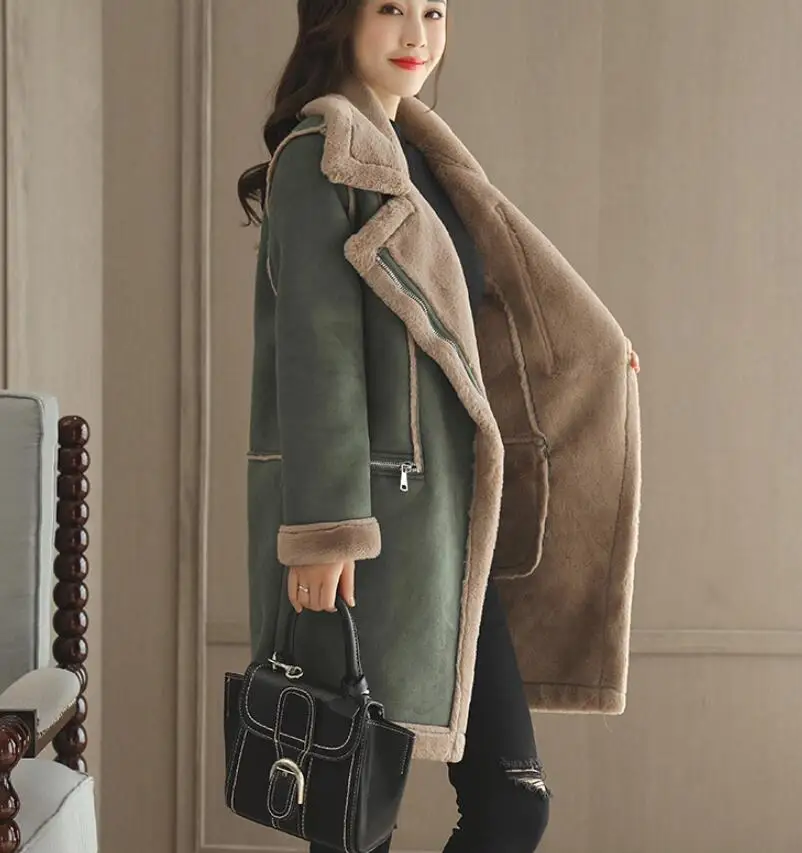 

Women's Fluff coat winter thick lambswool outwear stitching long overcoat fur warm female Wool blend coat outdoor casual tops