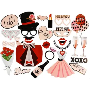 

28pcs Fun Happy Valentines Day Photo Booth Props with Stick DIY Bridal Shower Bachelorette Party Supplies Wedding Engagement