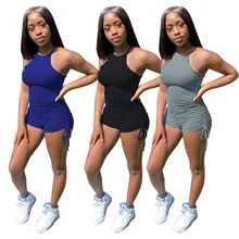 

RStylish 2021 Summer Sexy Solid Color Women Sporty Drawstring Halter Backless Workout Active Wear One Piece Rompers