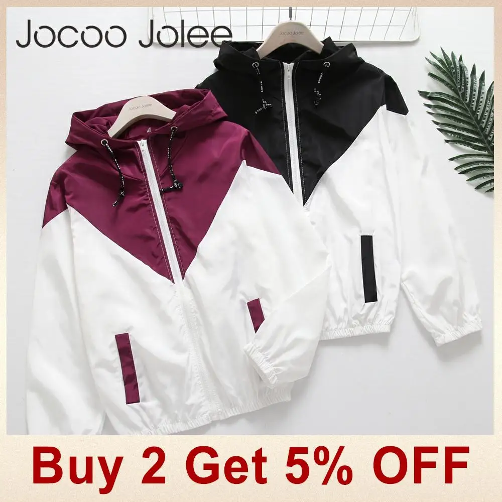Jocoo Jolee весна осень модная двухцветная ветровка с капюшоном куртка на молнии с карманами Повседневная одежда с длинными рукавами Feminino пальто верхняя одежда