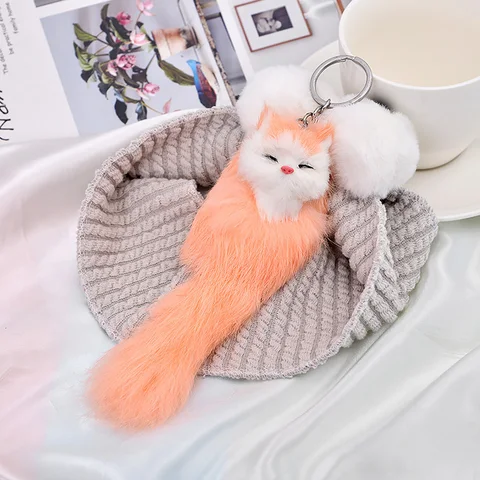 Fluffy Animal Cartoon Fox Keychain Pendant Car Key Ring Holder Bag Purse Ornament Decor Women Jewelry Charm Pompom Keychain