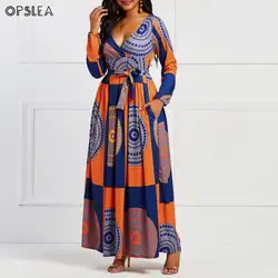 Opslea/осеннее Африканское модное женское этническое длинное платье Дашики элегантное платье с высокой талией женский длинный рукав