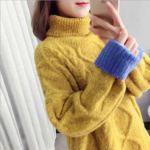 Yellow Pull Femme Hiver, толстый осенний зимний женский свитер, пуловеры, теплая водолазка, вязанные рубашки, джемпер, свободная теплая вязаная одежда H167 - Цвет: Yellow
