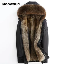 MOOWNUC, мужские парки с капюшоном, мужские зимние теплые куртки с капюшоном и воротником из натурального меха енота, мужские меховые пальто, модные парки