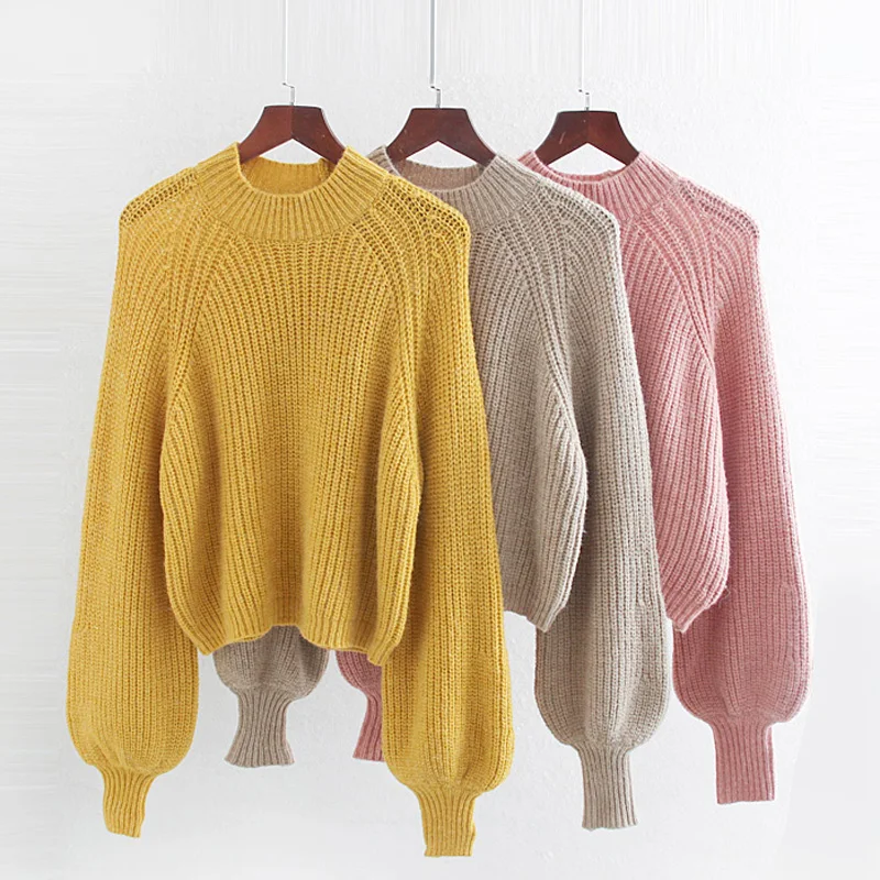 RR Puff Sleeve Sweaters Women Fashion Solid O Neck Sweater Women Elegant Casual Sweaters Female Ladies IZ