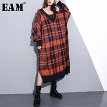 [EAM] женское оранжевое вязаное платье в клетку большого размера, новинка, v-образный вырез, длинный рукав, свободный крой, мода, весна-осень 19A-a20
